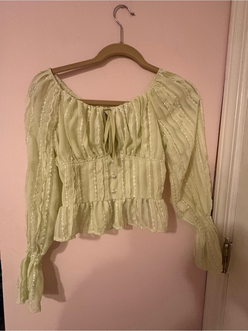 Light Green Peasant Blouse with Ruffle Hem XS fairy Y2K boho sheer beaded